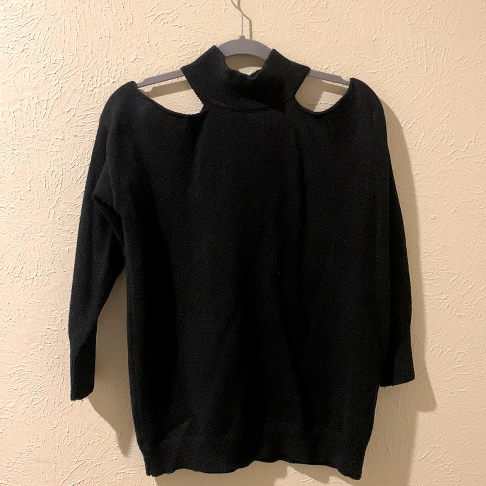 Mock Turtle Neck Black Sweater with Should Cut Outs